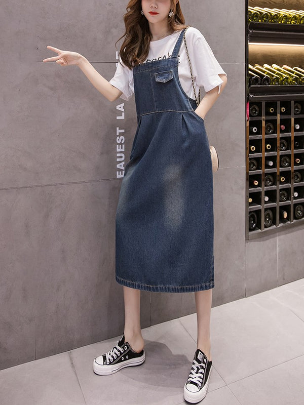 Plus Size Dark Blue Pockets Midi Denim Dungaree Dress