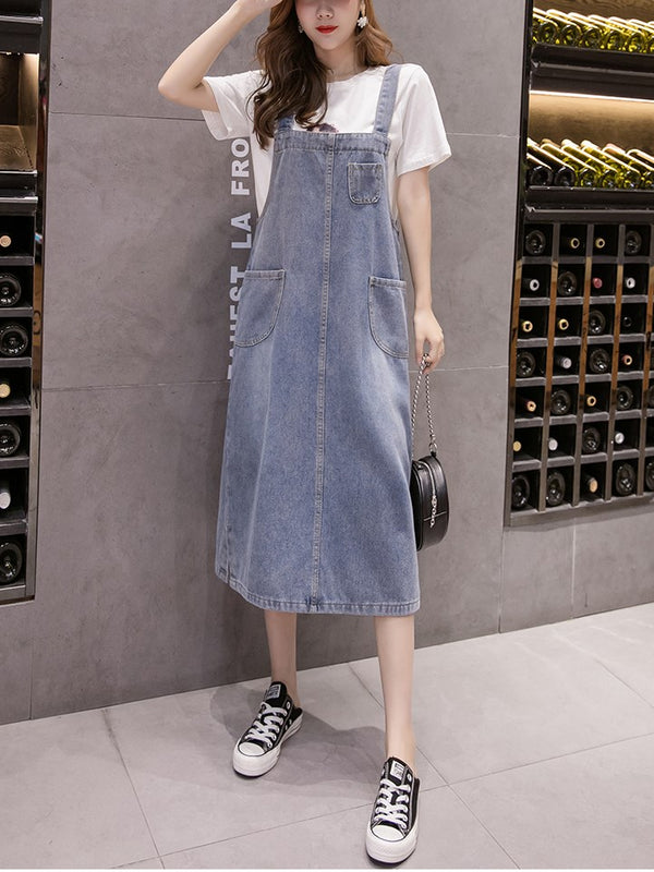 Plus Size Pockets Midi Denim Dungaree Dress