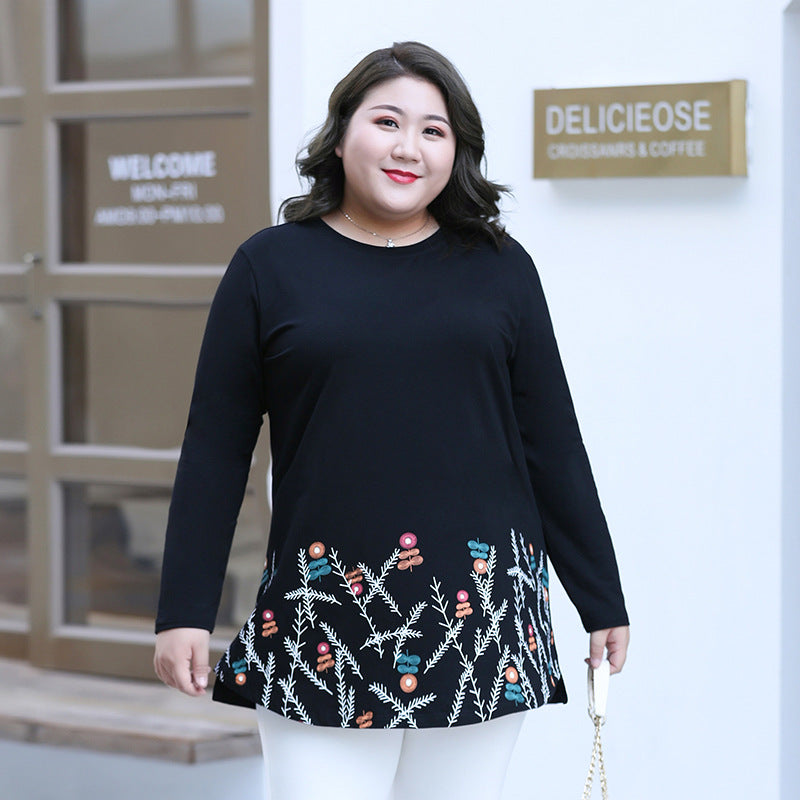 Plus Size 100% Cotton Floral Hem Long Sleeve T Shirt Top (Extra Big Size)