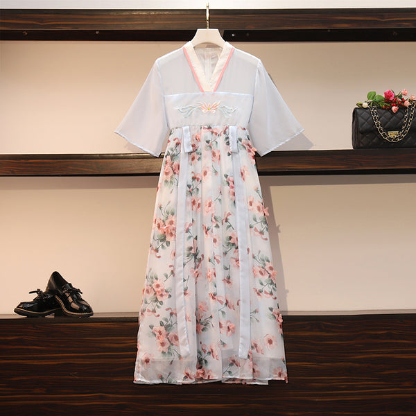 Plus size hanbok oriental short sleeve midi dress