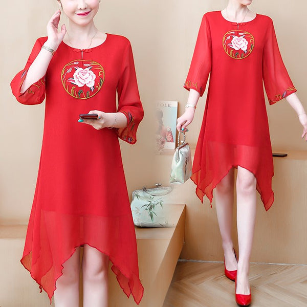 Plus size red oriental embroidered mid sleeve dress