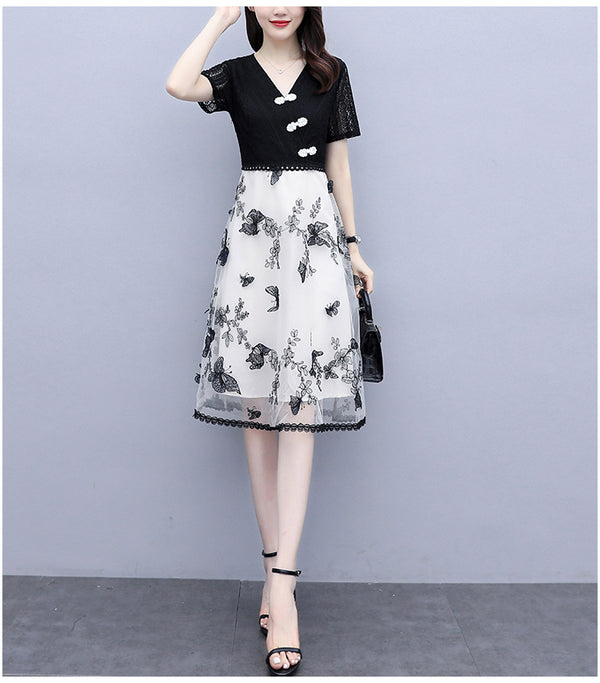 Plus size monochrome lace butterfly cheongsam dress