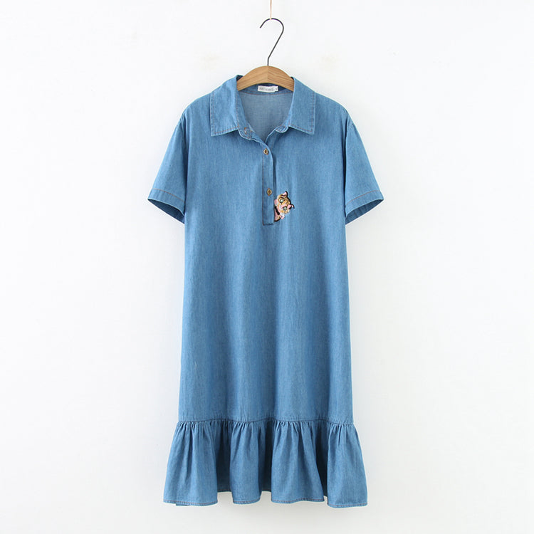 Plus Size Denim Cat Embroidery Pocket Button Down Mermid Hem Short Sleeve Shirt Dress (EXTRA BIG SIZE)