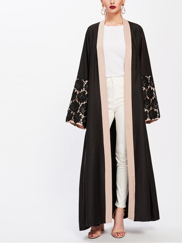 Plus Size Muslimah Kimono Open Jacket In Black And Cream-gold Lace