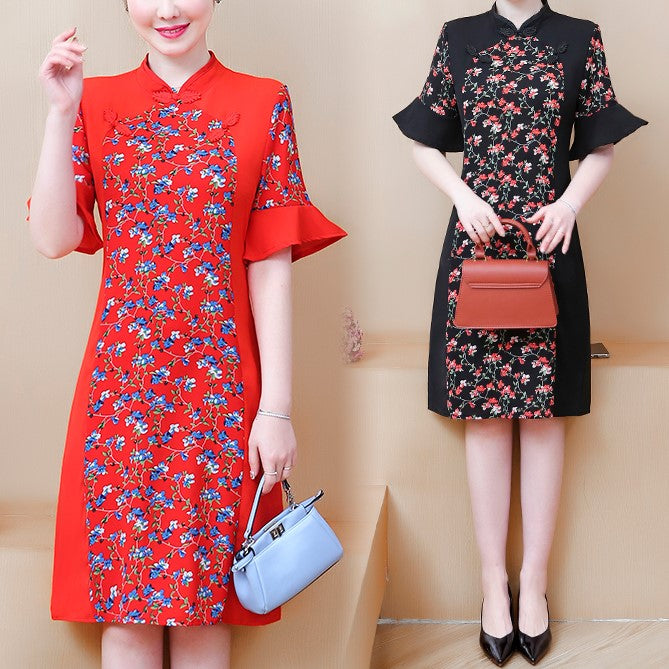 Plus size modern floral bell sleeve cheongsam dress