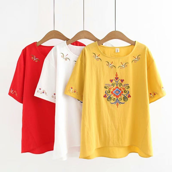 Plus Size Ethnic Embroidery U Neck Short Sleeve Blouse (Red, Yellow, White) (EXTRA BIG SIZE)