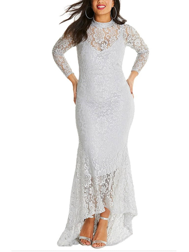 Plus Size White High Neck Sweetheart Lace Long Sleeve Maxi Dress Gown (Wedding, Evening, Dinner)