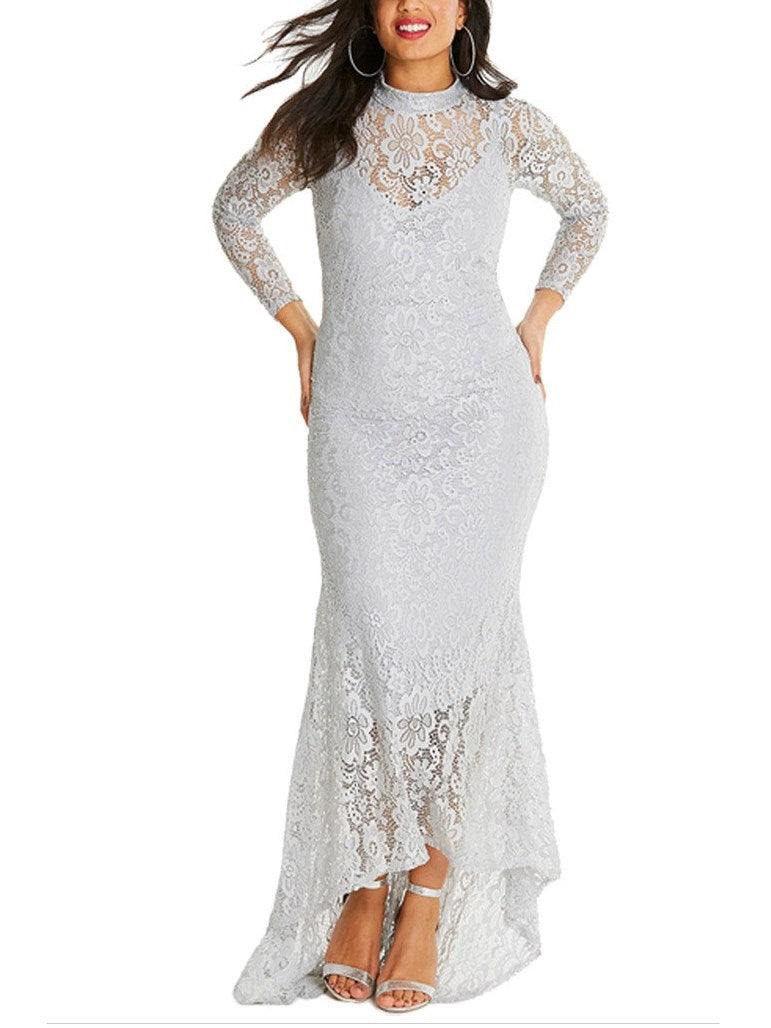 Plus Size White High Neck Sweetheart Lace Long Sleeve Maxi Dress Gown –  Pluspreorder