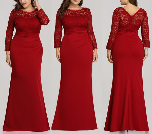 Plus Size Lace Long Sleeve Maxi Dress Gown