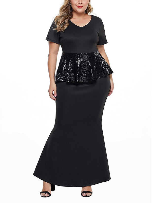 Plus Size Sequin Peplum Short Sleeve Maxi Dress Gown (Wedding, Evening, Dinner)