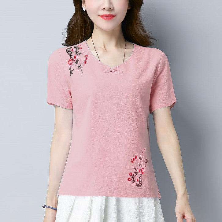 Plus size cotton linen cheongsam blouse