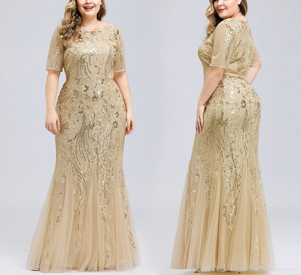 Plus Size Short Sleeve Sequins Gown