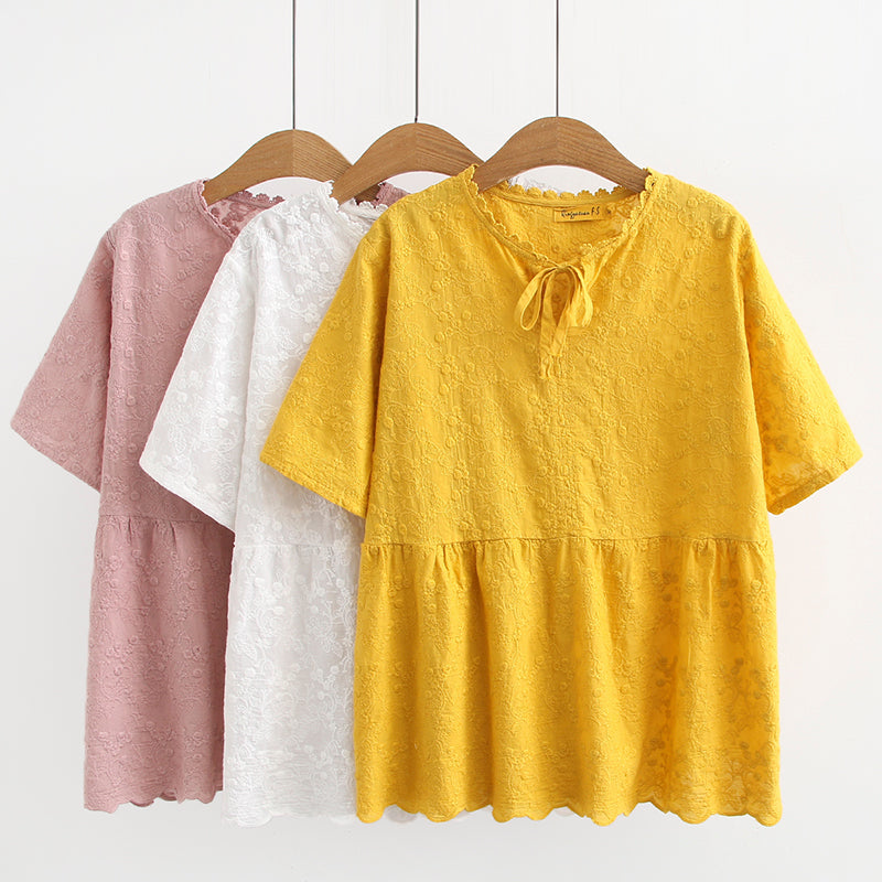 Plus Size Floral Texture Cotton Ribbon Tie Short Sleeve Blouse (Pink, Yellow, White) (EXTRA BIG SIZE)