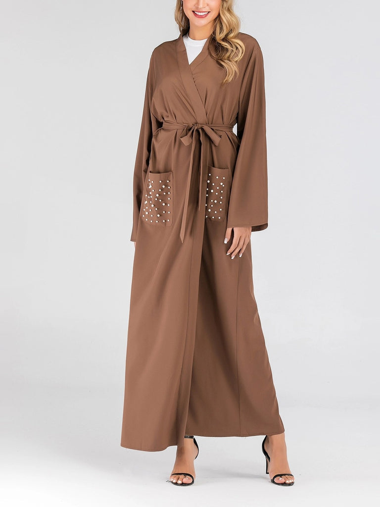 Plus Size Modern Muslimah Kimono Open Jacket With Brown Pearls Pocket
