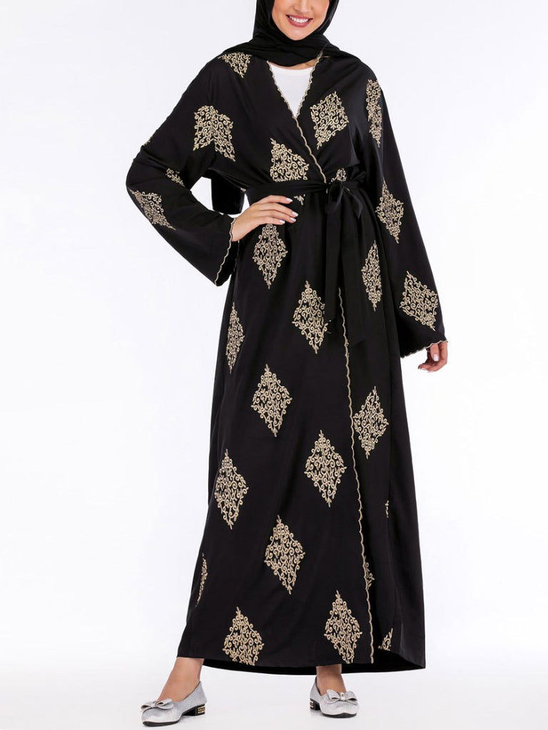 Plus Size Muslimah Kimono Open Jacket In Gold Tile Embroidery