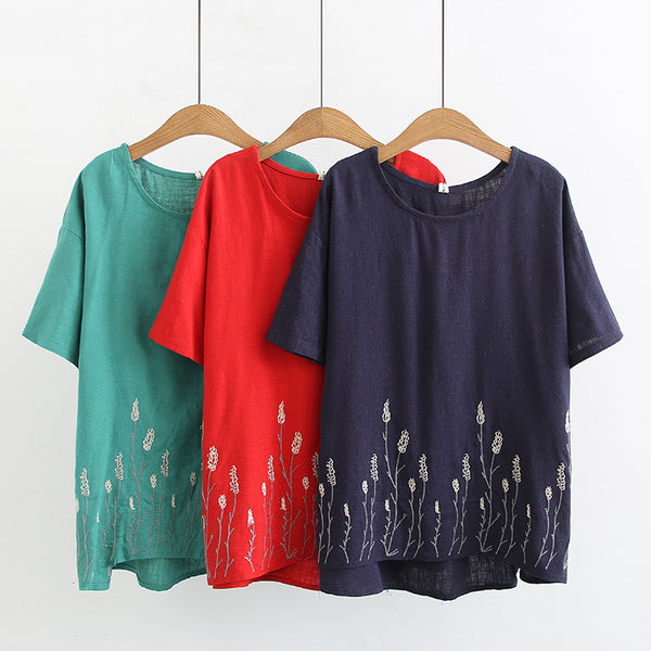 Plus Size Maize Embroidery Short Sleeve Blouse (Green, Red, Blue) (EXTRA BIG SIZE)