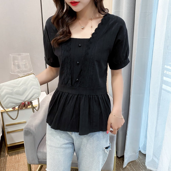 Plus Size Lace V Neck Short Sleeve Blouse / Mid Sleeve Blouse