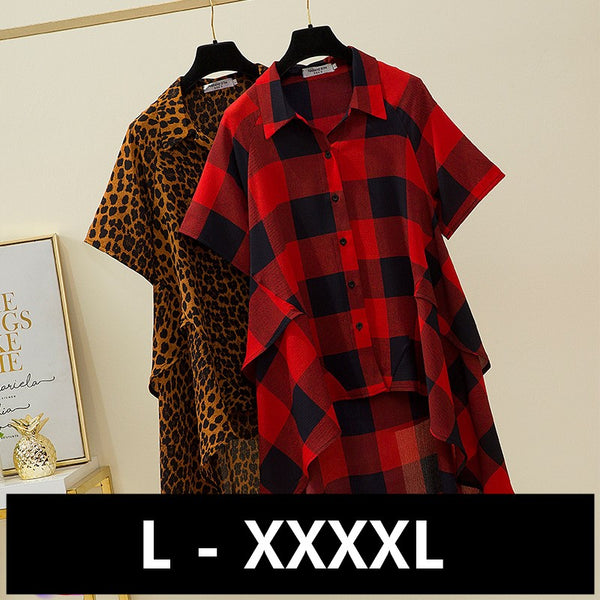 Plus size checked leopard longer back frill short sleeve shirt blouse