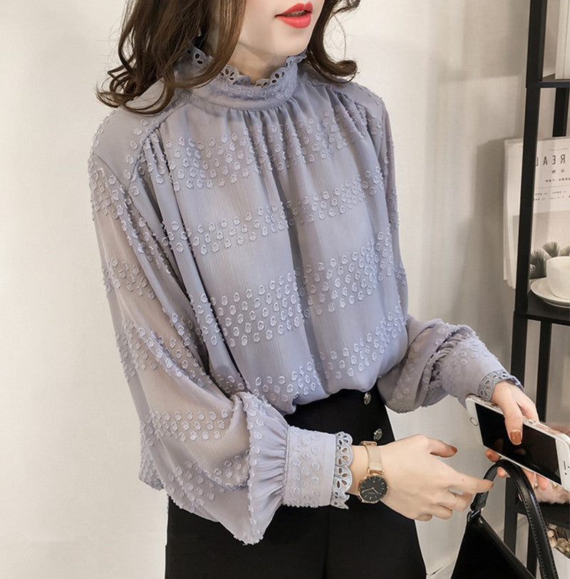 Plus Size Pindots Chiffon High Neck Long Sleeve Blouse Muslimah