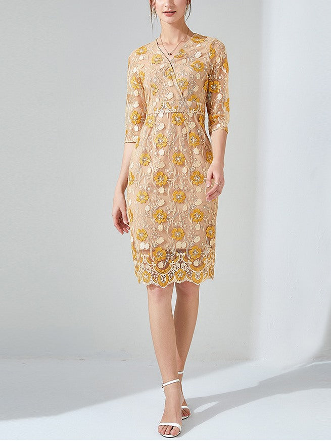 Plus Size Gold Lace Wrap Dress