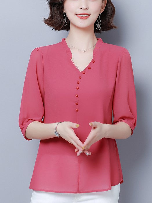 Plus Size Buttons V Neck Chiffon Mid Sleeve Blouse