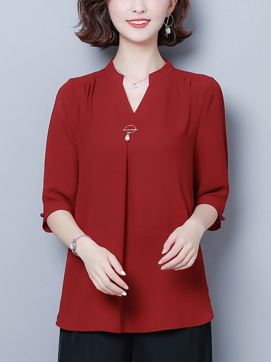 Plus Size Charm V Neck Chiffon Mid Sleeve Blouse