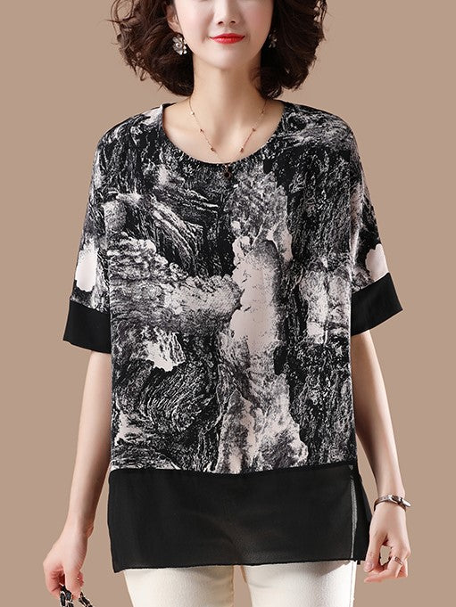 Plus Size Black Shapes Chiffon Tunic Short Sleeve Blouse