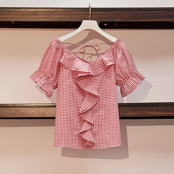 Plus size gingham frill red short sleeve blouse