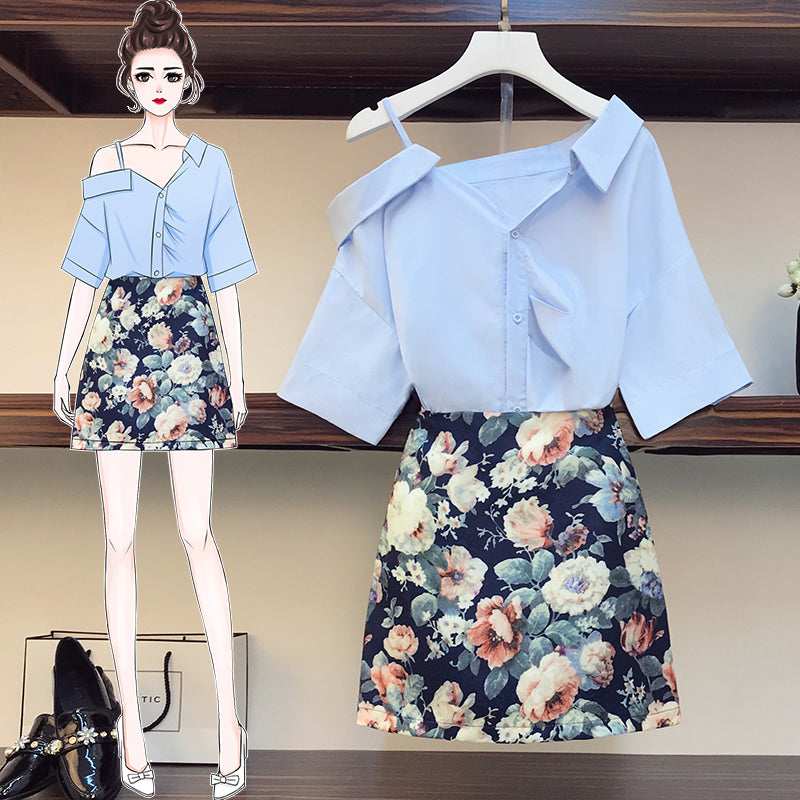 Plus size off shoulder blue short sleeve blouse and floral mini skirt set