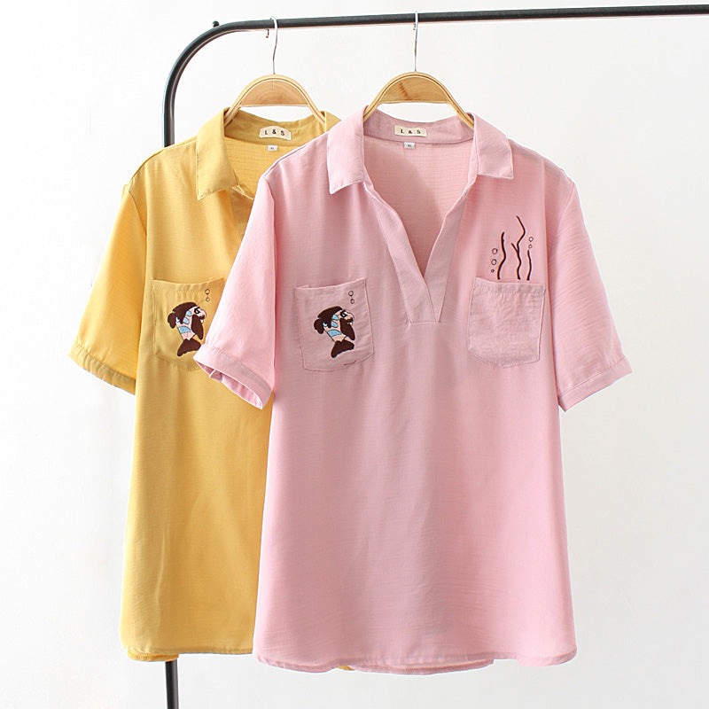 Plus Size Fish Pockets Embroidery V Neck Short Sleeve Blouse (Yellow, Pink) (EXTRA BIG SIZE)