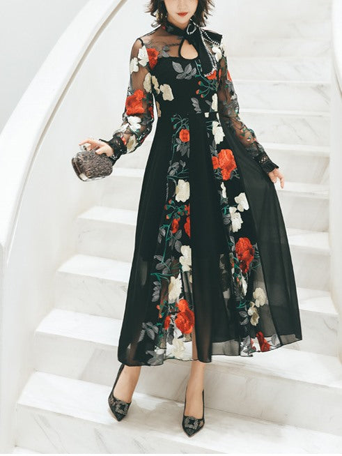 Plus Size Occasion Rose Long Sleeve Midi Dress