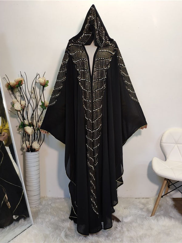 Plus Size Abaya Jubah Gold Embellished Batwing Hoodie Snood Long Sleeve (Red, Black, Dark Blue)