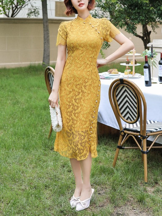 yellow lace cheongsam qipao