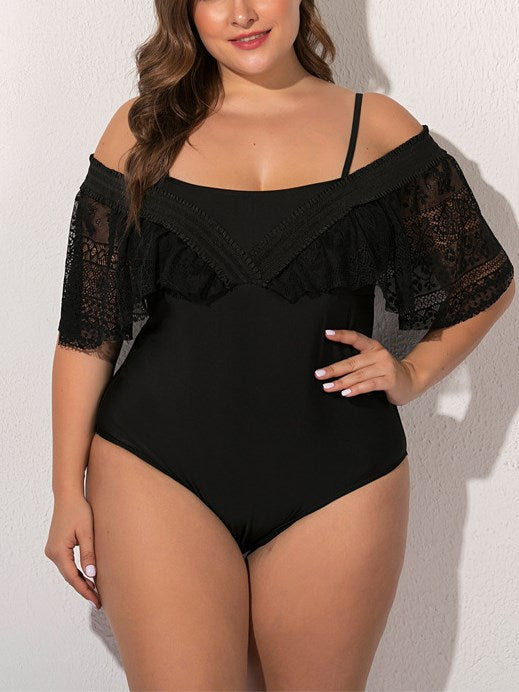 Plus Size Swimsuit One Piece With Sleeve 2 Way Wear Off Shoulder