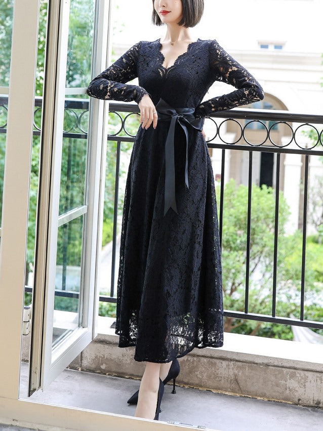 Plus Size Black Lace Wrap Long Sleeve Maxi Dress – Pluspreorder