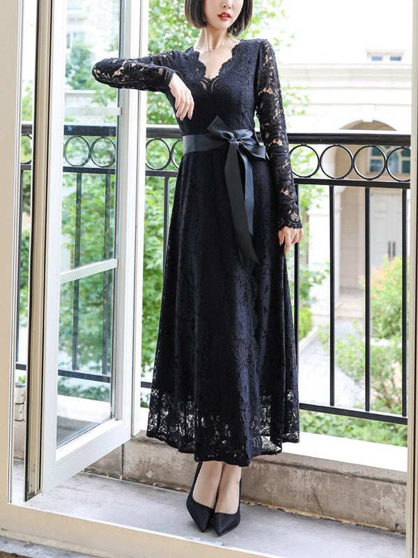 Plus Size Lace Wrap Long Sleeve Maxi Dress