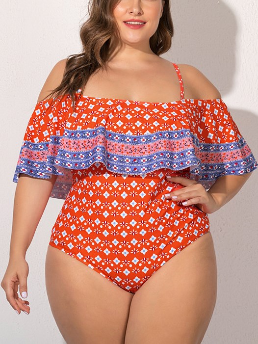 Plus Size Swimsuit One Piece With Sleeve Off Shoulder Printed