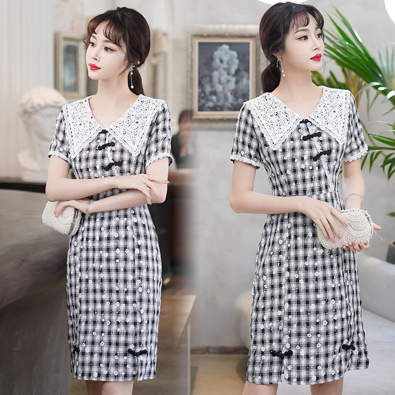 Plus Size Checked Lace Collar Cheongsam Dress