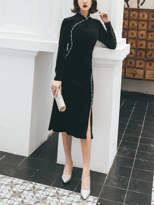 Plus Size Black Velvet Pearl Cheongsam Evening Long Sleeve Dress