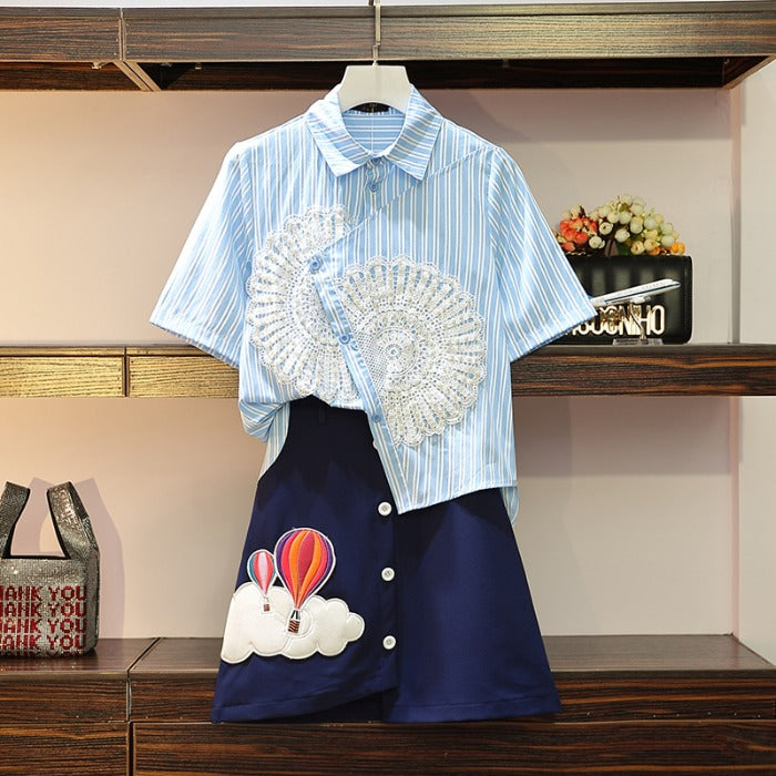 Plus size lace pattern blue stripe short sleeve shirt top and hot air balloon asymmetric skirt set