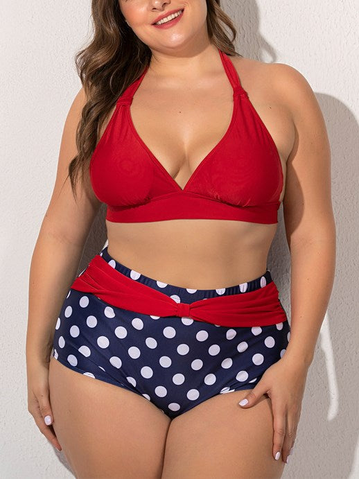 Plus Size Polka Dots Bikini Swimsuit with Briefs 2 Piece Set (Black Top, Red Top)