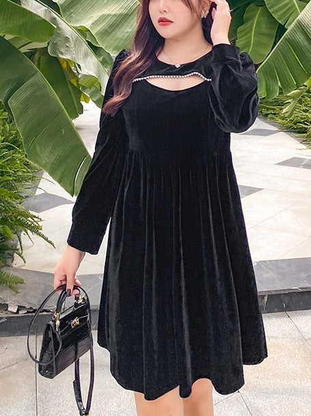 Plus Size Velvet Pearl Long Sleeve Dress