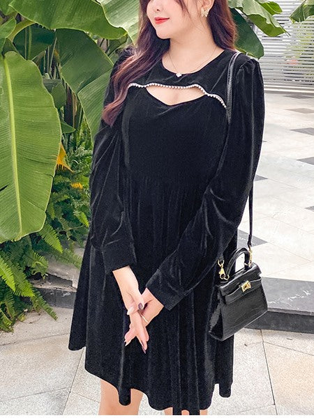 black mini dress with ruffle bottom Black velvet pearl cloth dress – ロリータファッション通販RonRon main image 0