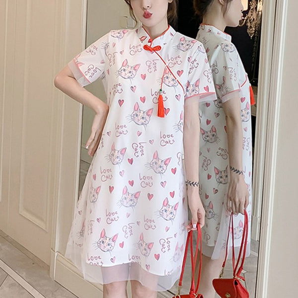 Plus Size Cats Red Short Sleeve Dress Cheongsam