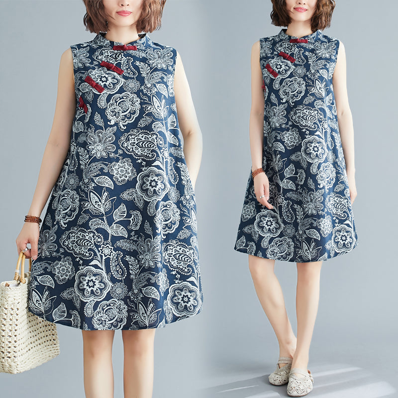Plus Size Blue Paisley Cheongsam Sleeveless Dress