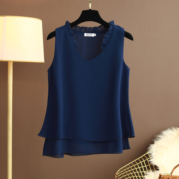 Plus size chiffon frills v neck double layer sleeveless blouse