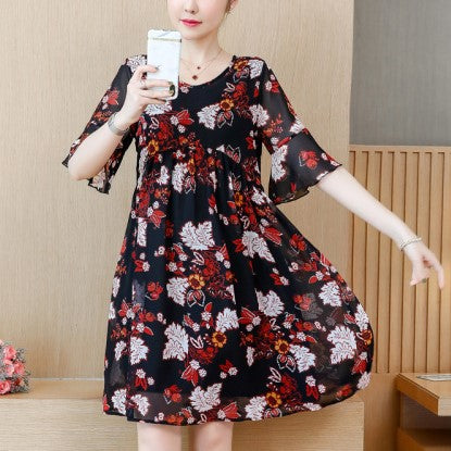 Plus Size Floral Chiffon Bell Sleeve Short Sleeve Dress
