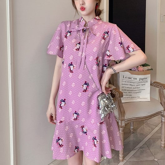 Plus Size Purple Geisha Cheongsam Short Sleeve Dress