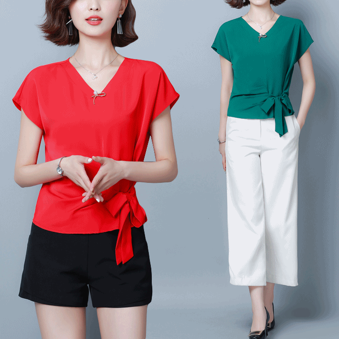 Plus size v neck charm side tie short sleeve blouse