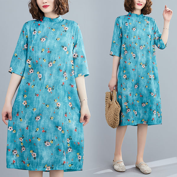 Plus Size Blue Floral Art Cheongsam Mid Sleeve Dress